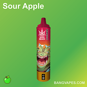 Sour Apple flavored vape device with a green background featuring a cartoon dragon illustration and the text "Bang Beach."