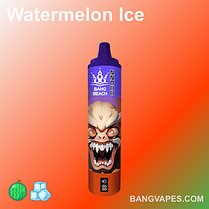 Watermelon Ice flavored vape with a purple top and an aggressive cartoon face design on the front, displaying the "Bang Beach" logo.