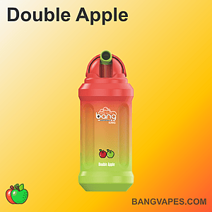 ダブルアップルフレーバーの「Bang King」ブランドの Vape デバイスが、黄色の背景の前に描かれています。