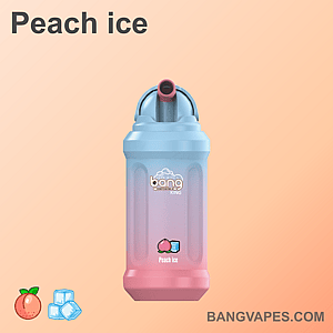 Bang King の Peach Ice vape。パステルブルーとピンクのグラデーション デザイン、ピーチとアイス キューブのアイコン、下部に Web サイト bangvapes.com が表示されています。