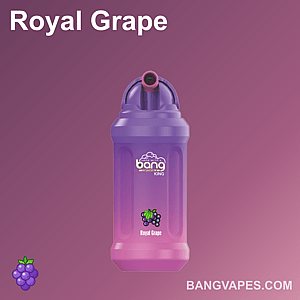 紫色のグラデーション背景に、ブドウのアイコンが付いた「Bang King Royal Grape」というラベルの付いた紫色の vape デバイスが表示されています。
