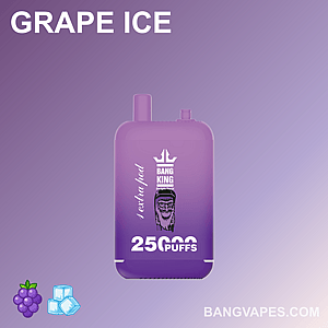 紫色のグラデーションの背景に「Bang King Grape Ice」と書かれた紫色の使い捨てベイプ。下部には「25,000回吸引」と書かれています。下部には「BANGVAPES.COM」という文字があります。
