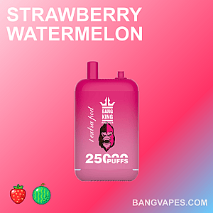 「Bang King」というラベルが付いた、ストロベリー スイカ風味で 25,000 回の吸引が可能なピンク色の vape デバイスが、ピンクのグラデーション背景に表示されています。