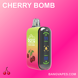 「Bang」というラベルが付いた、鮮やかな色のベイプ デバイス。「Cherry Bomb」というフレーバーで、数字とアイコンを表示するディスプレイ スクリーンが備わっており、背景にはチェリーのイラストが描かれています。