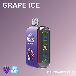 「Bang Grape Ice」というラベルが付いた紫色の使い捨てベイプ。ブドウと氷の画像の横に、バッテリーとパフインジケーターを表示するデジタルディスプレイが付いています。