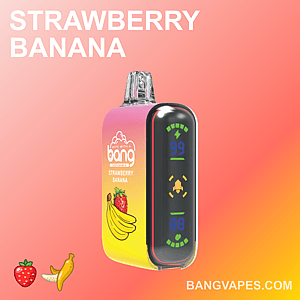 デジタル ディスプレイを備えたカラフルな vape デバイス。ピンクとオレンジのグラデーションの背景に、イチゴとバナナのアイコンが描かれ、「Bang」と「Strawberry Banana」というラベルが付いています。
