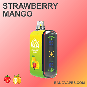 「Bang Strawberry Mango」というラベルが付いたカラフルなベイプデバイス。パッケージにはデジタルディスプレイとイチゴとマンゴーのフルーツアイコンが描かれています。