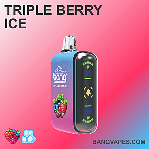 ピンクのグラデーションの背景に、ベリーのグラフィックとデジタルディスプレイが付いた「Bang Triple Berry Ice」というラベルが付いたカラフルな vape デバイス。