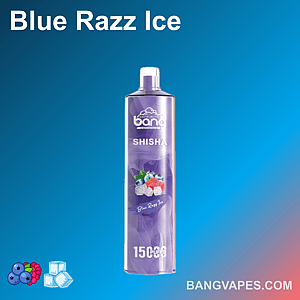 Blue Razz Ice Vape mit 1500 Zügen, violette Verpackung mit Himbeeren, Blaubeeren, Eiswürfeln und Minzblättern.