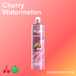 Bang Shisha-Vape mit Kirsch-Wassermelonen-Geschmack und 15.000 Zügen, abgebildet in einem rosa Behälter.