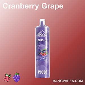 Bang Shisha-Verdampfer mit Cranberry-Trauben-Geschmack und 15.000 Zügen in einem violetten Behälter vor einem Hintergrund mit Farbverlauf.