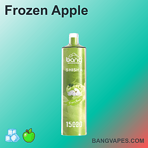 Bang Shisha Frozen Apple Einweg-Vape mit 1500 Zügen, grüne Verpackung mit Apfel und Eiswürfeln.
