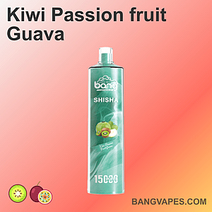 „Bang Shisha Vape im Geschmack Kiwi-Passionsfrucht-Guave, bietet 15.000 Züge.“