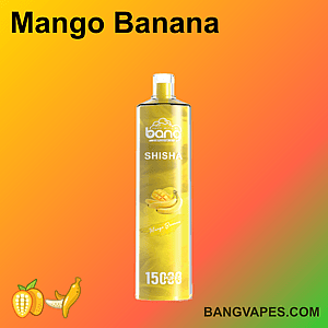 Einweg-Vaporizer von Bang mit Mango-Bananen-Geschmack, gelbem Design mit Mango- und Bananenbildern, ausgelegt für 15.000 Züge und der Markenwebsite bangvapes.com.