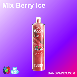 „Bang Mix Berry Ice Shisha-Verdampfer, 15.000 Züge, mit Beeren- und Eissymbolen auf einem violetten Hintergrund mit Farbverlauf.“