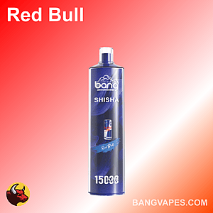 Bang Shisha-Verdampfer mit Red Bull-Geschmack, 15.000 Zügen und einem blauen, zylindrischen Design mit Red Bull-Branding auf einem roten Hintergrund mit Farbverlauf.