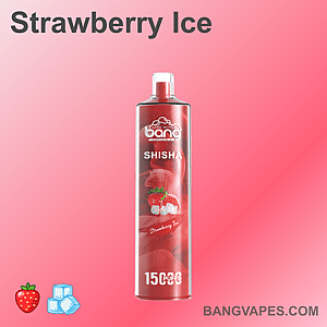 Ein roter Einweg-Vaporizer mit der Aufschrift „Bang Shisha“ und Erdbeer- und Eiswürfelsymbolen, der 15.000 Züge ermöglicht und dessen Geschmacksrichtung „Strawberry Ice“ heißt.