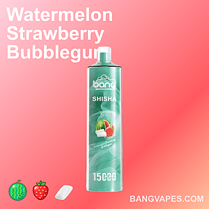 Bang Shisha Vape mit Wassermelonen-, Erdbeer- und Kaugummigeschmack, 15.000 Züge, grüne Verpackung auf rosa Hintergrund.
