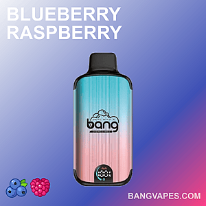 Un dispositivo per svapare usa e getta al gusto "Blueberry Raspberry" del marchio Bang, esposto su uno sfondo sfumato blu e rosa.