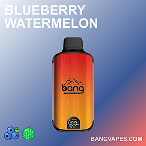 Sigaretta elettronica usa e getta Bang con corpo arancione-rosso sfumato, caratterizzata dal sapore "Blueberry Watermelon" in grassetto sopra il dispositivo, accompagnato dalle icone di mirtillo e anguria.