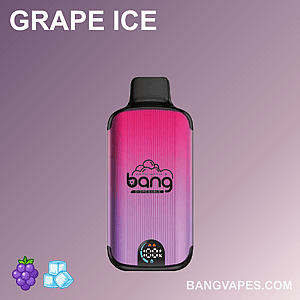 Un dispositivo per svapare con gradiente rosa e viola con il marchio "Bang" sulla parte anteriore, etichettato come aroma "GRAPE ICE". Le icone di uva e cubetti di ghiaccio sono visualizzate in basso.