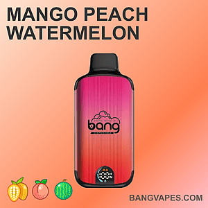 Sigaretta elettronica monouso Bang nei gusti mango, pesca e anguria, con design sfumato rosa e arancione, indicatore della batteria e marchio sulla parte anteriore.