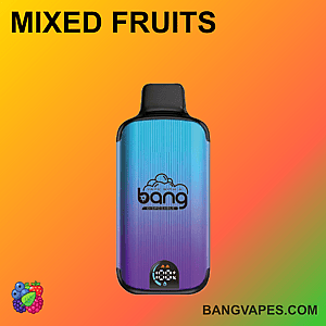 Un dispositivo per svapare colorato con l'etichetta "bang" e un design sfumato dal blu al viola, su uno sfondo arancione con il testo "MIXED FRUITS" in alto e "BANGVAPES.COM" in basso.