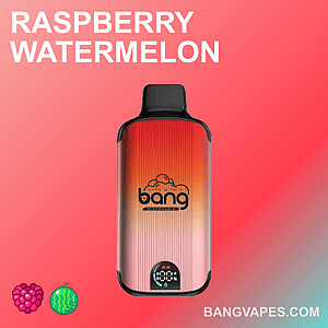 Sigaretta elettronica usa e getta Raspberry Watermelon Bang con design sfumato rosso e arancione e piccole icone di un lampone e di un'anguria nella parte inferiore.