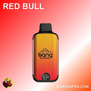 Un dispositivo per svapare monouso sfumato rosso e giallo con il marchio "Bang", con il gusto "Red Bull" visualizzato in alto a sinistra e l'URL del sito web "bangvapes.com" in basso a destra.