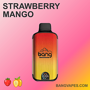 Un dispositivo per svapare usa e getta con un design sfumato dal rosso al giallo, etichettato "Bang" e caratterizzato da un sapore di fragola e mango, insieme alle icone di fragola e mango.