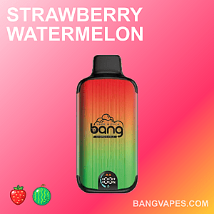 Sigaretta elettronica usa e getta al gusto di fragola e anguria con logo Bang su sfondo sfumato rosso e verde.