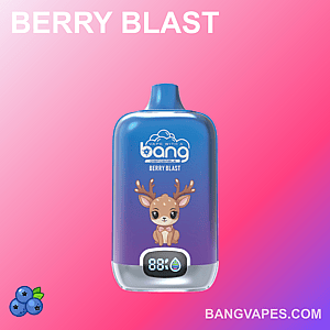 「Berry Blast」と書かれた青と紫のベイプデバイス。下部には88%と水滴のシンボルが表示されたデジタルディスプレイが付いています。パッケージには可愛い鹿の漫画イラストが描かれ、下部の隅にはウェブサイトのURL「BANGVAPES.COM」が表示されています。