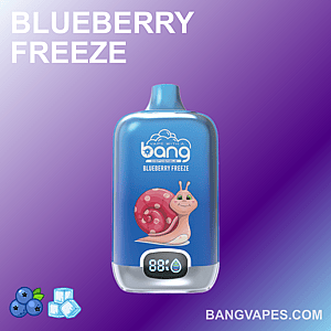 漫画のカタツムリが描かれた青い使い捨てベイプ デバイス。「Blueberry Freeze」というラベルが付いており、88% のバッテリー レベルが表示されています。
