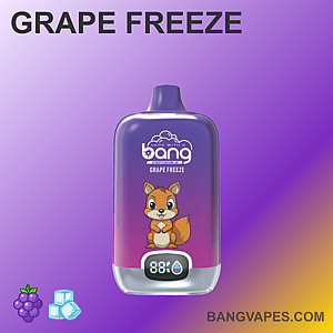 「Bang Grape Freeze」というラベルが付いた紫色の使い捨てベイプデバイス。下部には漫画のリスのイラスト、デジタルディスプレイ、ブドウと氷のアイコンが付いています。