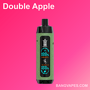 ピンクの背景に「Bang King」のロゴと「Double Apple」のラベルが付いた緑色のベイプデバイス。