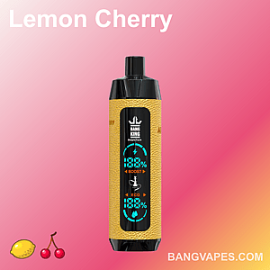「Bang King」というラベルが付いたデジタルディスプレイ付きの電子タバコデバイス。ピンクの背景に「Lemon Cherry」の文字が描かれています。