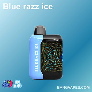 A compact vape device labeled "Blue Razz Ice" with a blue and black design, featuring a pattern of dots and lines, placed on a gradient blue background with icons of blueberries, raspberries, and ice cubes.