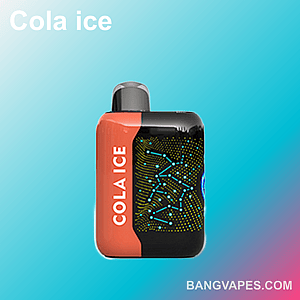 A compact vape device labeled "Cola Ice" with a black and red design, featuring dotted and line patterns on a gradient blue background.