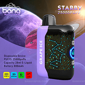 「Starry 25000 Puff」というラベルが付いた、グレープアイス風味の使い捨てベイプデバイス。未来的なデザインと宇宙をテーマにした背景を備え、仕様には28mlのe-liquid容量、800mAhのバッテリー、Type-C充電、1.0Ωのメッシュコイルが含まれます。
