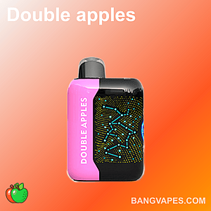 A compact, colorful vape device labeled "Double Apples" with a pink and black design, displayed against a gradient orange background.