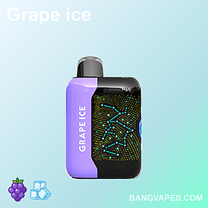 A compact vape device with a "Grape Ice" label, featuring a purple and black design with glowing abstract patterns on the black section, set against a light blue gradient background.