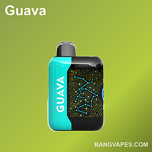 A compact vape device labeled "Guava" with a turquoise and black design, featuring abstract dotted patterns.