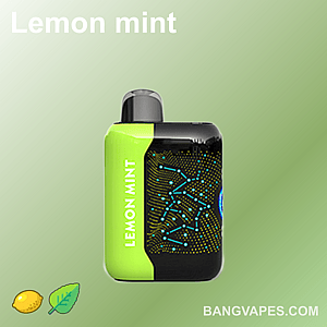 A compact vape device with a green and black design labeled "Lemon Mint," featuring a futuristic dotted pattern, displayed on a light green background with lemon and mint leaf icons.