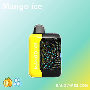 A mango ice vape device with a sleek design, featuring a yellow and black color scheme and a starry pattern on the black section, set against a gradient teal background.