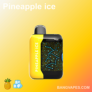 A yellow and black vape device labeled "Pineapple Ice," with a glowing dotted pattern on the black section, placed against a gradient yellow background.