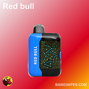 A blue and black vape device labeled "Red Bull" with a digital design pattern, displayed against a red gradient background with the text "BANGVAPES.COM" at the bottom.