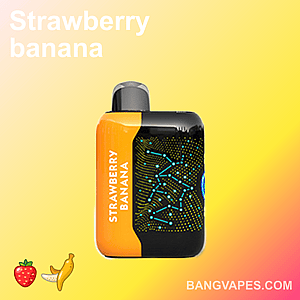 A vape device labeled "Strawberry Banana" with a yellow and black design, featuring a digital pattern and fruit icons.