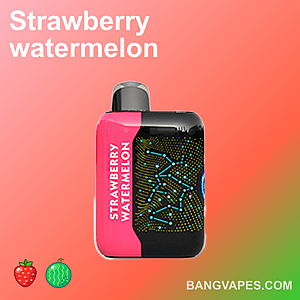 A vape device with a pink and black design labeled "Strawberry Watermelon," featuring a constellation pattern, set against a gradient pink background.