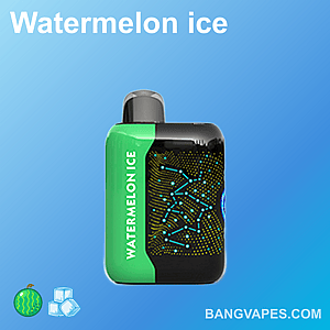 A watermelon ice vape device with a green and black design, featuring a futuristic dotted pattern, set against a blue background with the text "Watermelon ice" and icons of a watermelon and ice cubes.