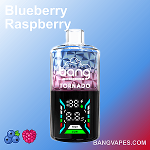 A Bang Tornado disposable vape with a blue and red gradient design, digital display showing voltage and puff count, labeled "blueberry raspberry" and fruit icons at the bottom.